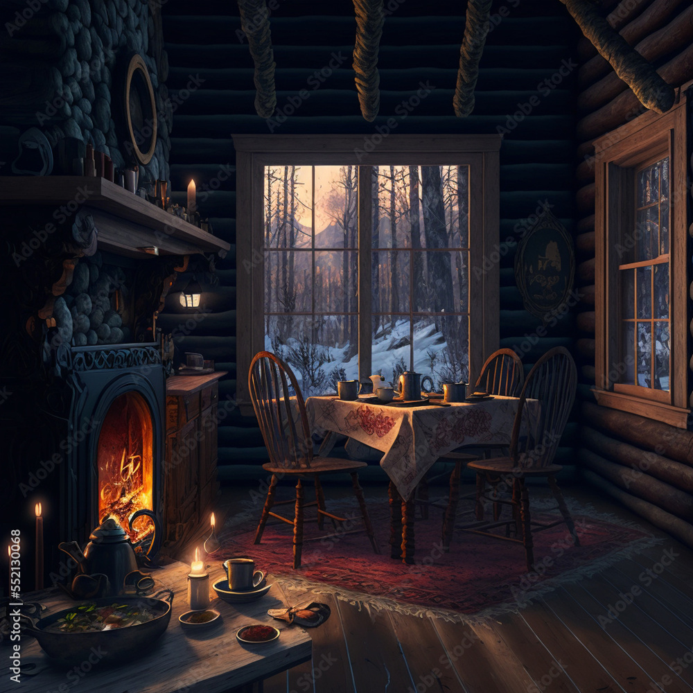 A cozy cabin in the woods with a fire in the fireplace and a cup of hot ...