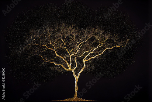 Elegance and luxury. Golden tree and thin branches with sparkling sparks on a black background. Minimalist graphics for a unique visual impact.