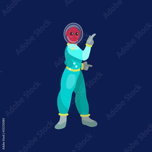 Astronaut making attention gesture on dark blue background. Alien character in space suit cartoon illustration. Futuristic, UFO concept