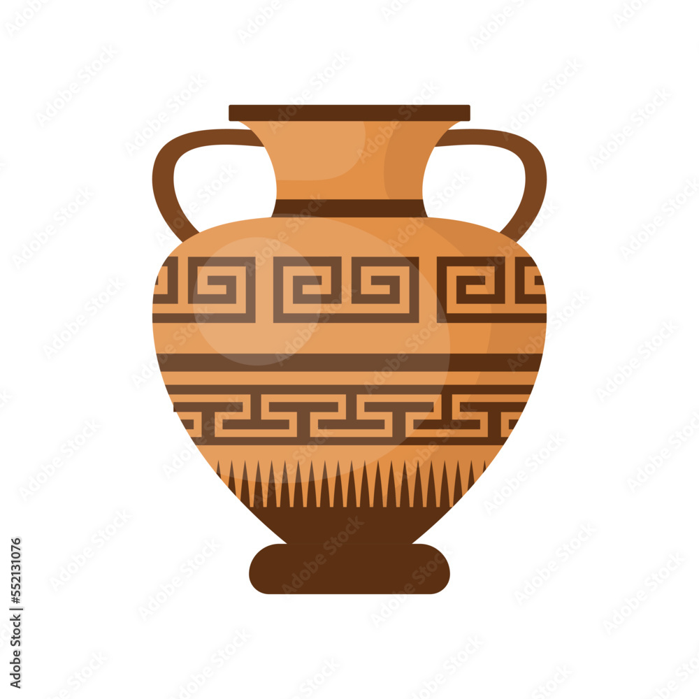 Amphora with pattern for oil and liquids. Ancient Greek pottery and vases cartoon illustration. Grecian earthenware concept