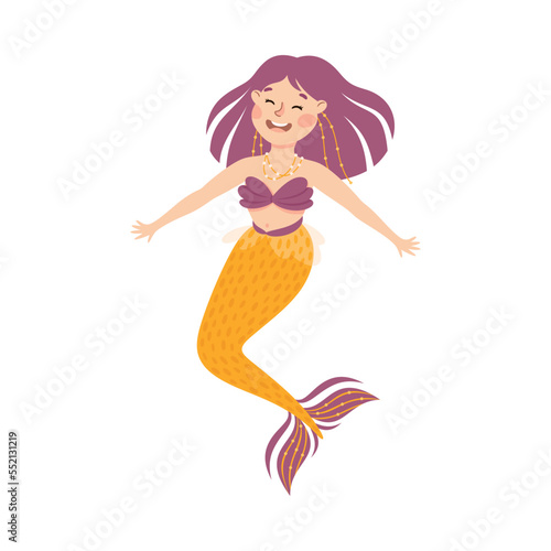 Mermaid with Wavy Purple Hair Floating Underwater Vector Illustration