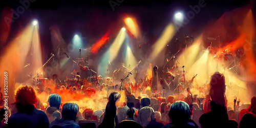 A crowd of spectators listening to a rock n roll concert under spotlights illuminating the stage, emitting a pulsating musical energy and an enthusiastic atmosphere.