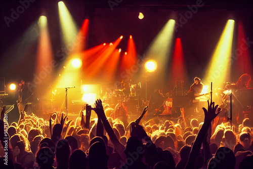 A fiery view of an overexcited audience at a Rock 'n' Roll concert with spotlights shining on the cheering crowd. An image illustrating the power of the music and the atmosphere.