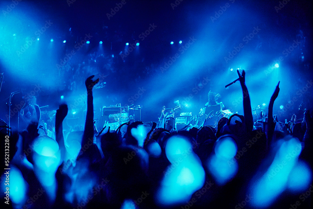 Under blue spotlights illuminating the smoke, the lights reveal a crowd dancing energetically. An intense blue musical atmosphere perfect to illustrate a rock scene.