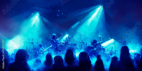 The enthusiastic crowd is highlighted by a rock concert under blue spotlights. Smoke and a dominant blue color, for a striking contrast underlining the musical energy. © XaMaps