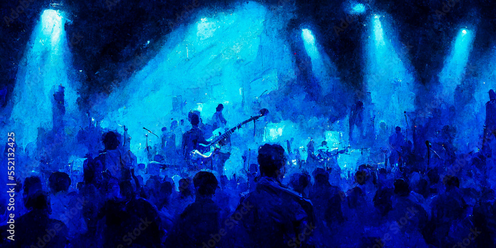View of a rock concert with the crowd under blue lights. Energy, smoke and blue dominance captured in a moment. A photo that expresses emotion and movement.