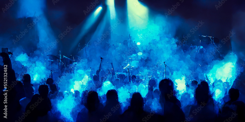 A vibrant crowd is staged under blue lights, accompanied by smoke and energy. A perfect shot to represent a festive atmosphere or rock music.