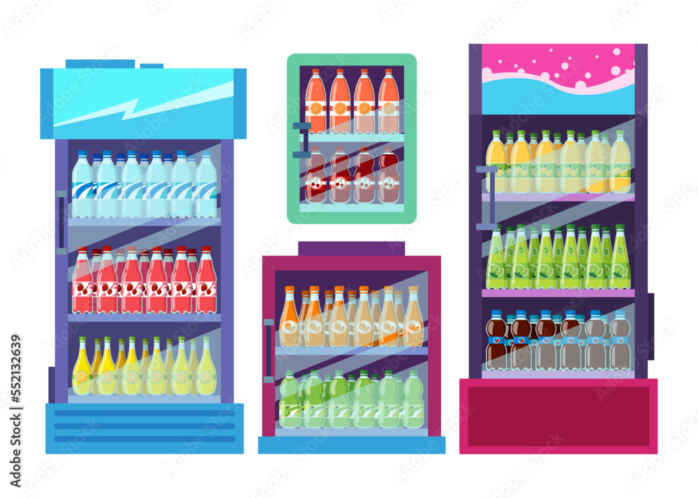 Commercial drink fridges vector illustrations set. Collection of