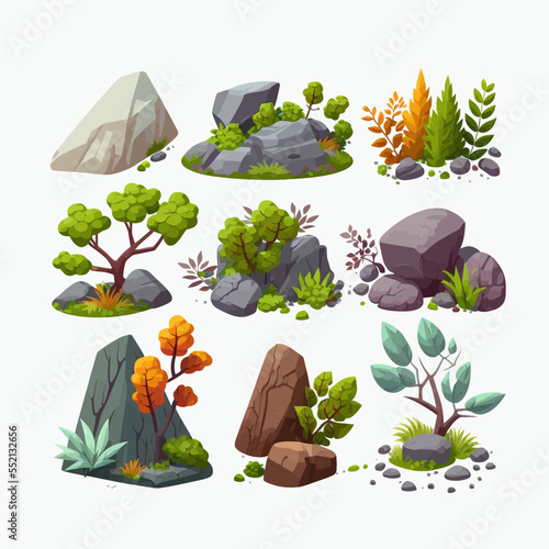 Tropical island at sea ocean set. Mountain rocks, island or stones. Flat cartoon illustration isolated on black background