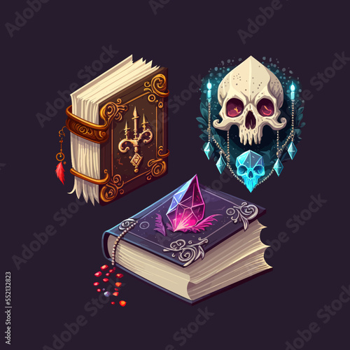 Old magic books with fantasy covers of stone and wood. Flat cartoon illustration isolated on black background