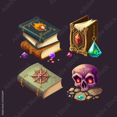 Old magic books with fantasy covers of stone and wood. Flat cartoon illustration isolated on black background