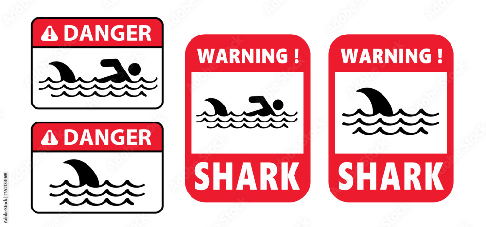 Stop, beware of sharks sigboard. Cartoon shark warning sign for beach people in the water or ocean zone. Stickman swimming. Shark sighting sign, beach closed area. No swim Stop, beware of sharks sigboard. Cartoon shark warning sign for beach people in the water or ocean zone. Stickman swimming. Shark sighting sign, beach closed area. No swim