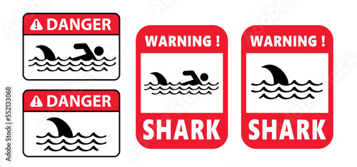 Stop, beware of sharks sigboard. Cartoon shark warning sign for beach people in the water or ocean zone. Stickman swimming. Shark sighting sign, beach closed area. No swim