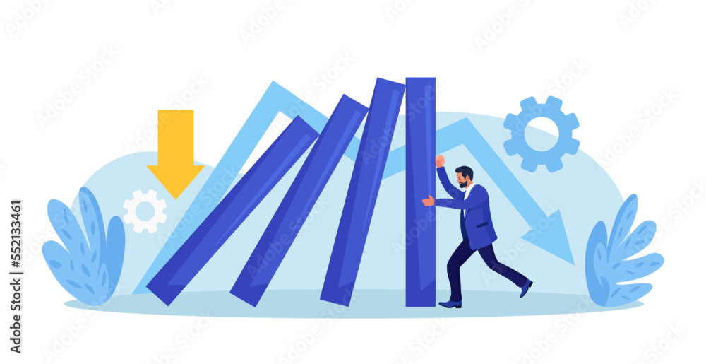Obraz premium Businessman pushing falling domino line for stopping chain reaction. Business crisis management, risk protection. Entrepreneur helps stop collapsing dominos. Insurance of company, solving problems