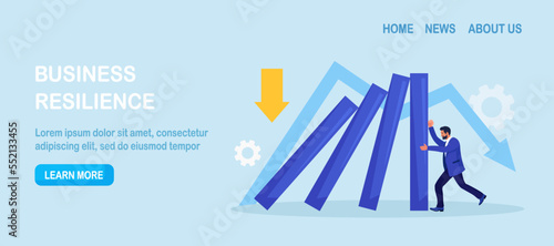 Businessman pushing falling domino line for stopping chain reaction. Business crisis management, risk protection. Entrepreneur helps stop collapsing dominos. Insurance of company, solving problems