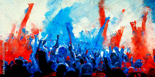 Silhouette of the crowd showing their enthusiasm under blue, white and red spotlights creating a tricolor smoke effect. A strong image to illustrate the musical energy. photo