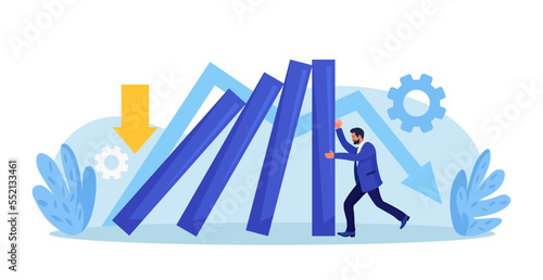 Businessman pushing falling domino line for stopping chain reaction. Business crisis management, risk protection. Entrepreneur helps stop collapsing dominos. Insurance of company, solving problems