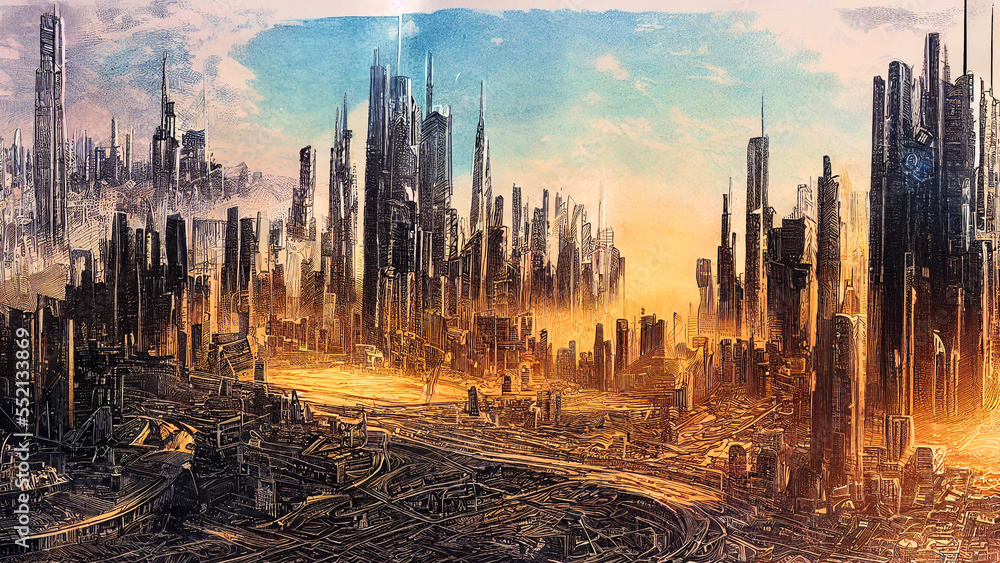 Fantasy futuristic city, digital generative ai illustration in pen hand drawing style