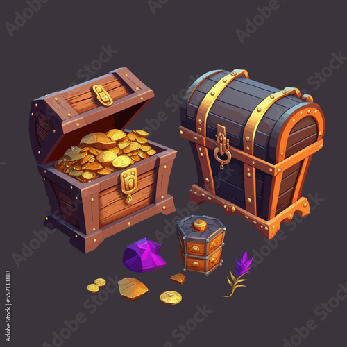 Chests with treasure, empty and full wooden box. Flat cartoon illustration isolated on black background