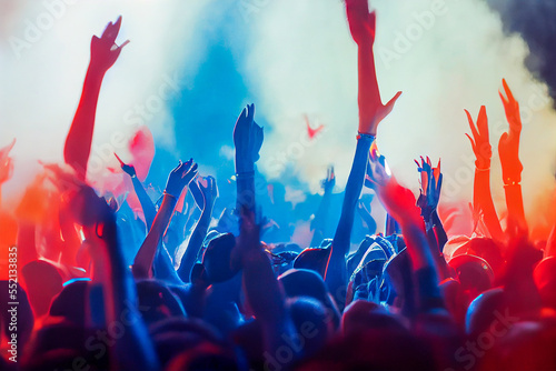 Foto A lively and enthusiastic crowd under colorful spotlights is the basis of this dynamic image of a rock concert