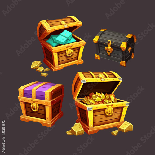 Chests with treasure, empty and full wooden box. Flat cartoon illustration isolated on black background