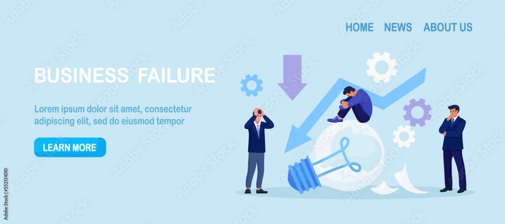 Fail start up business. Unexpected entrepreneur bankruptcy. Depressed businessman sitting on broken light bulb. New business failure. Burnout or exhaustion from crisis, no new idea or inspiration