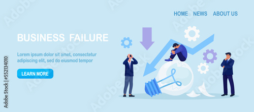 Fail start up business. Unexpected entrepreneur bankruptcy. Depressed businessman sitting on broken light bulb. New business failure. Burnout or exhaustion from crisis, no new idea or inspiration