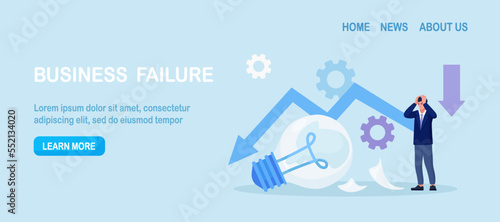 Fail start up business. Unexpected entrepreneur bankruptcy. Depressed businessman standing near broken light bulb. New business failure. Burnout or exhaustion from crisis, no new idea or inspiration