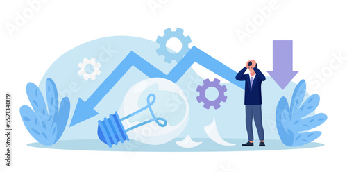 Fail start up business. Unexpected entrepreneur bankruptcy. Depressed businessman standing near broken light bulb. New business failure. Burnout or exhaustion from crisis, no new idea or inspiration