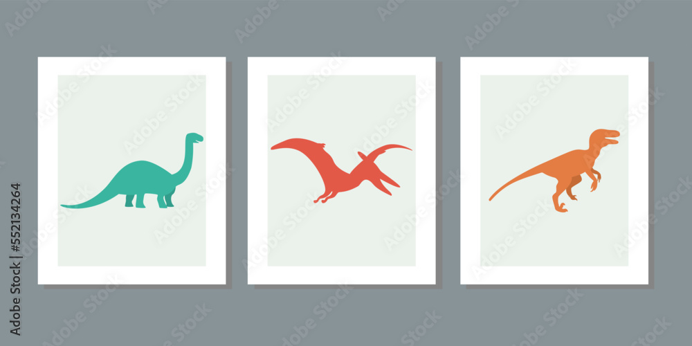 Three frame set of illustrations with cute dinosaurs on a white background. Hand drawn cartoon dinos vector for children, girl, boy. For postcard, wall, poster kids room fabric fashion shirt clothes.
