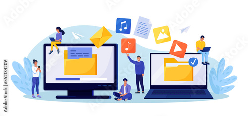 File Transfer. Two computers with folders on screen, transferred documents. Copy files, data exchange, backup. Saving document on storage. Digital data migration between devices. People sharing files