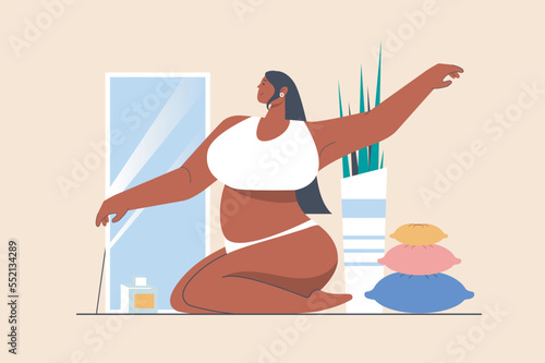 Body positive concept with people scene in flat design. Beautiful plus size curvy woman in underwear sits and looks lovingly at herself in mirror. Vector illustration with character situation for web