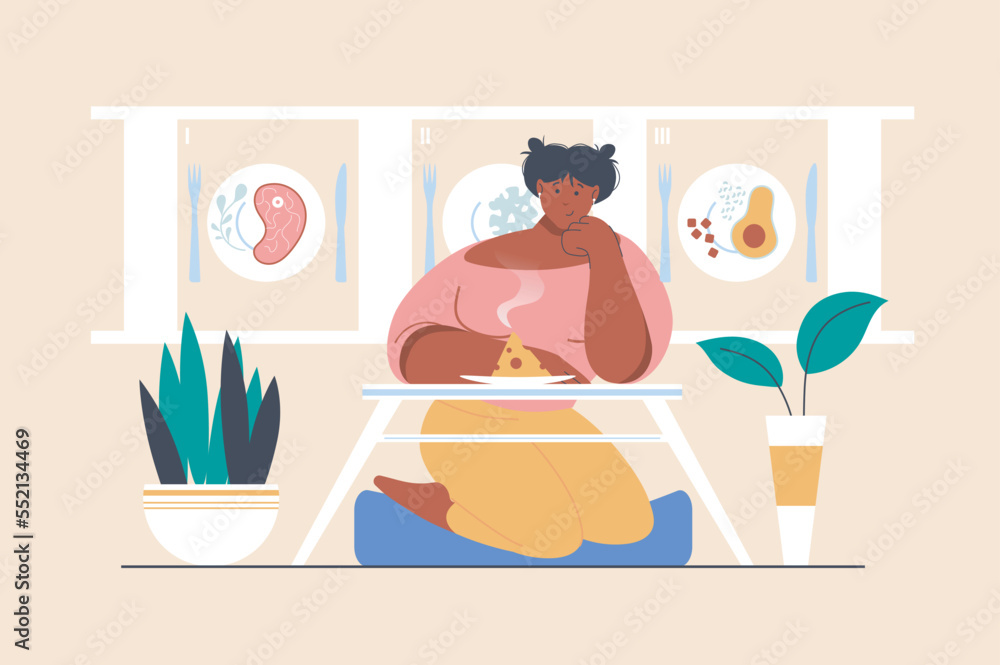 Plan nutrition concept with people scene in flat design. Woman cooking and eating different healthy meals at weight loss marathon, planning diet. Vector illustration with character situation for web