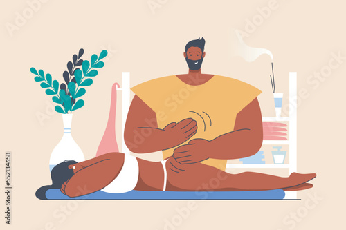 Anti cellulite massage concept with people scene in flat design. Woman lying down and getting professional body treatment from masseur in salon. Vector illustration with character situation for web