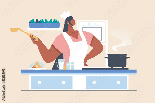 Cooking at home concept with people scene in flat design. Woman in apron and chef hat preparing lunch or dinner according to recipes in kitchen. Vector illustration with character situation for web