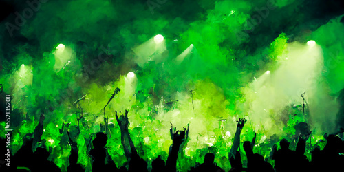 A lively crowd under green floodlights, whose smoke and green dominance creates a distinct musical energy. Capture the atmosphere of a rock concert with this shot.