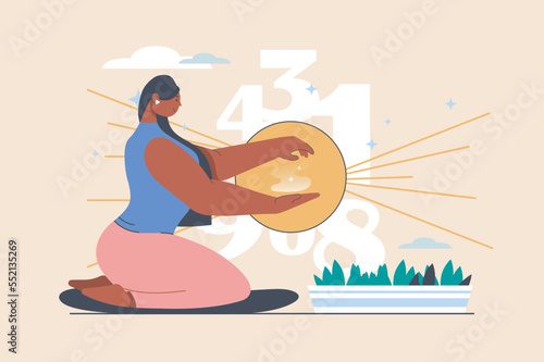 Numerology concept with people scene in flat design. Woman numerologist predicts fate and counts important dates and numbers, making in esoteric. Vector illustration with character situation for web