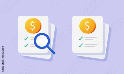 Tax finances review inspect report icon vector, budget payment bill pay document fraud check graphic illustrated flat, utility invoice inspection via magnifying glass, cost price audit symbol clipart