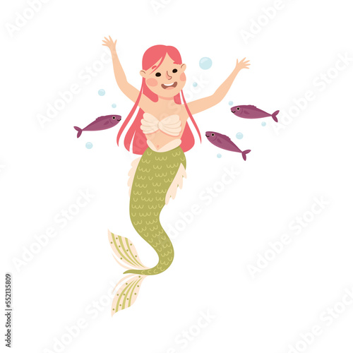 Mermaid with Wavy Hair Floating Underwater Vector Illustration