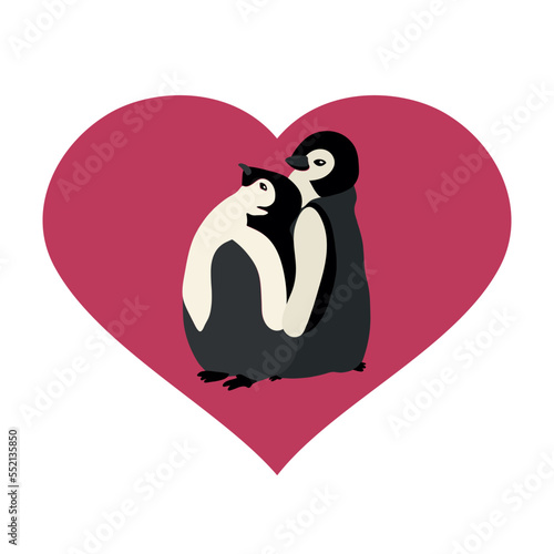 Cute penguins in a pink heart. Valentine card.Vector illustration