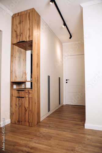 Light wardrobe in the hallway with wooden elements and black handles. Modern interior, front view