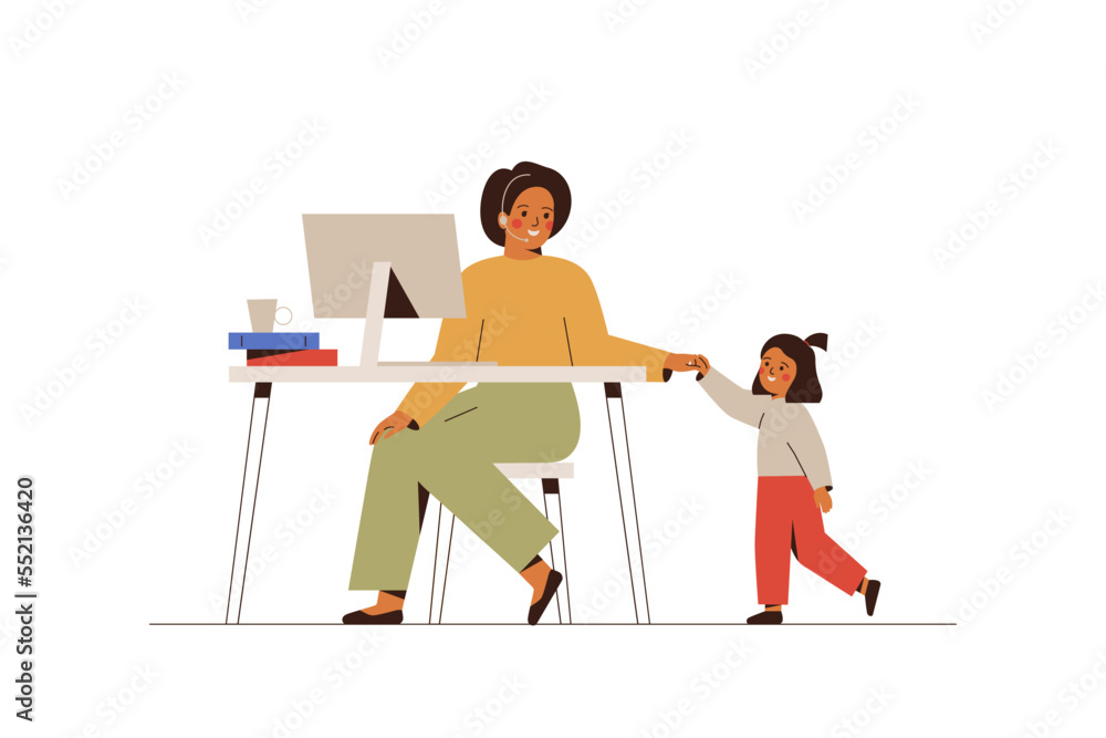 Business woman work at home and care about her daughter. Single mother has remote job. Female freelance worker with child at workplace. Maternity and career concept. Vector illustration - obrazy, fototapety, plakaty 