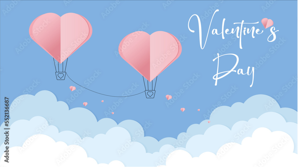 Vector love postcard for Valentine's Day with balloons connected by a rope, paper clouds and blue background