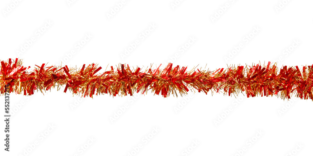 Red and golden tinsel string. Christmas decoration close up. Png isolated with transparency