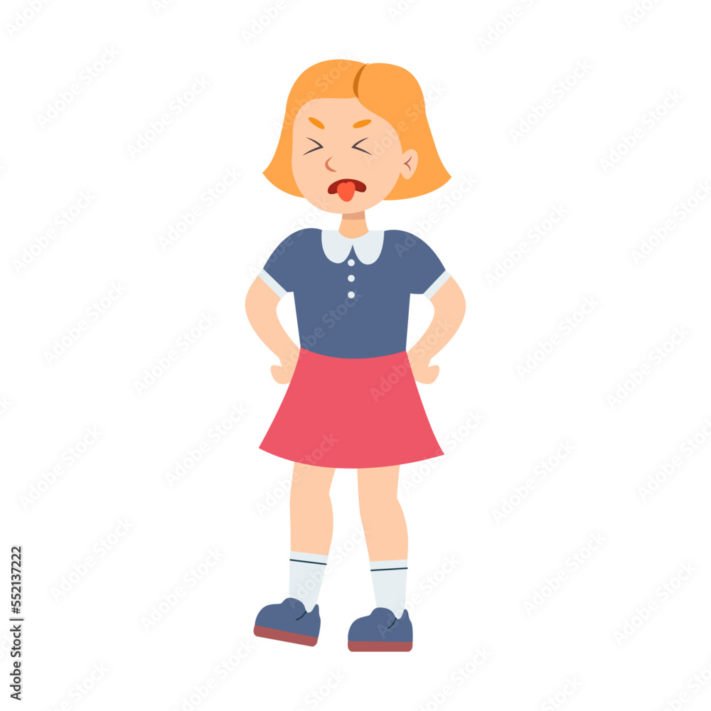 Teen cartoon girl gets angry and sticks out his tongue, vector illustration. Little kid characters showing different emotions isolated on white Teen cartoon girl gets angry and sticks out his tongue, vector illustration. Little kid characters showing different emotions isolated on white