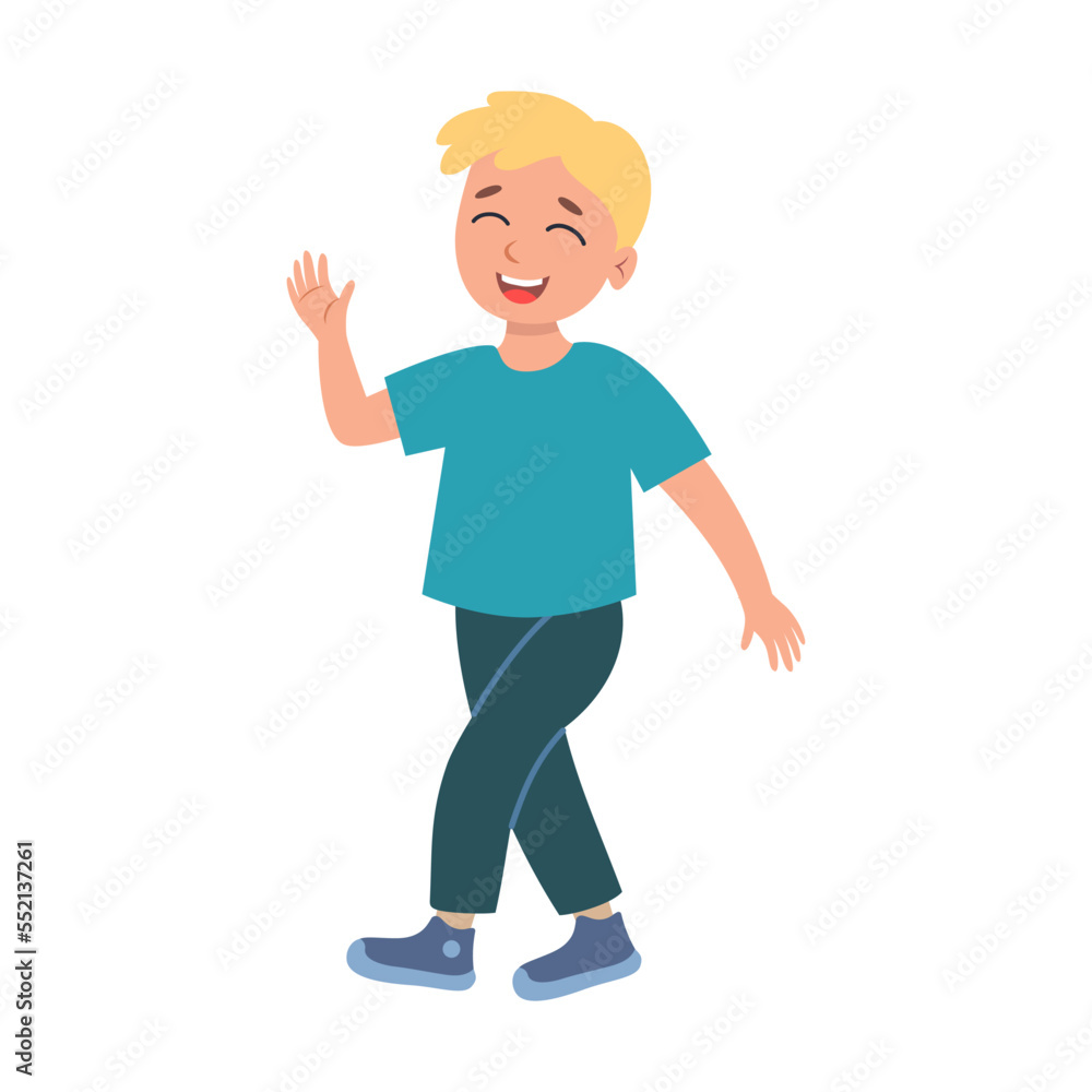 Teen cartoon boy goes in a good mood vector illustration. Little kid smiling, characters showing different emotions isolated on white Teen cartoon boy goes in a good mood vector illustration. Little kid smiling, characters showing different emotions isolated on white