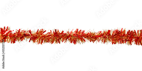 Red and golden tinsel string. Christmas decoration close up. Png isolated with transparency photo