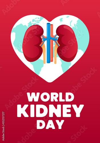 World kidney day vertical poster. International human healthy kidneys care celebration placard. Genitourinary system internal organ holiday banner. Urology insides in heart sign on red background. Eps