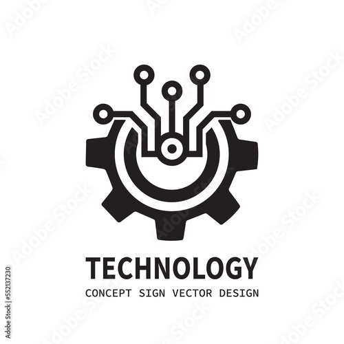 Technology gear concept business logo template design. Cogwheel mechanic sign. Computer network SEO icon. Search engine optimization. Line style. Graphic design element. Vector illustration