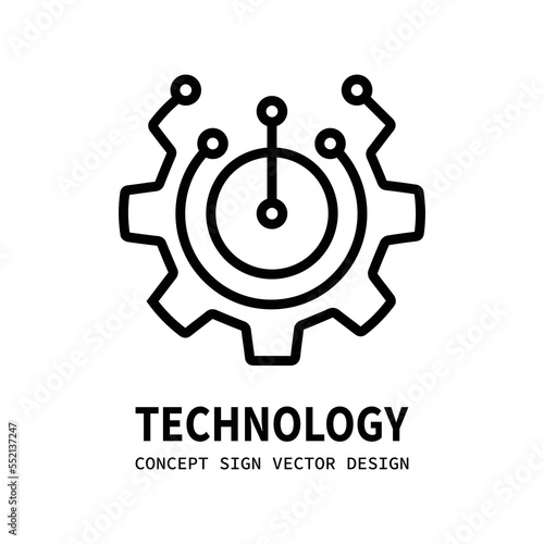 Technology gear concept business logo template design. Cogwheel mechanic sign. Computer network SEO icon. Search engine optimization. Line style. Graphic design element. Vector illustration